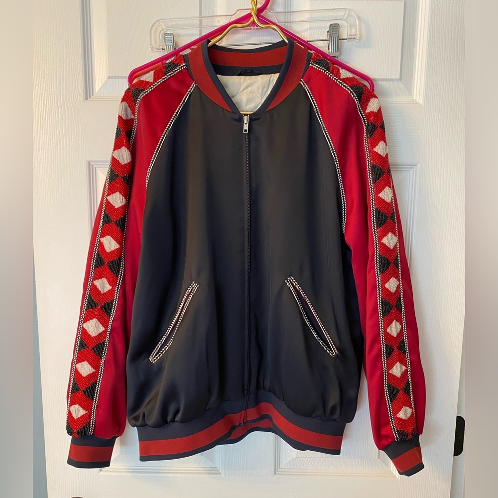 Satin Bomber Jacket with Beaded Sleeves and Quilted Cream Liner